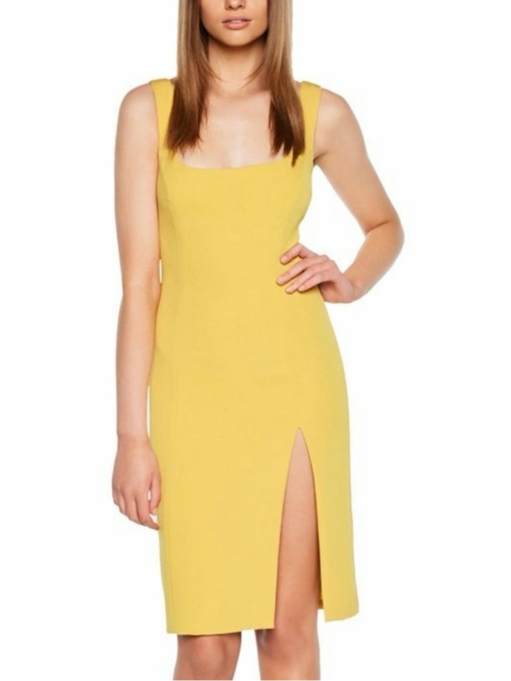 Bardot Yellow Square-Neck Midi Dress with Front Slit